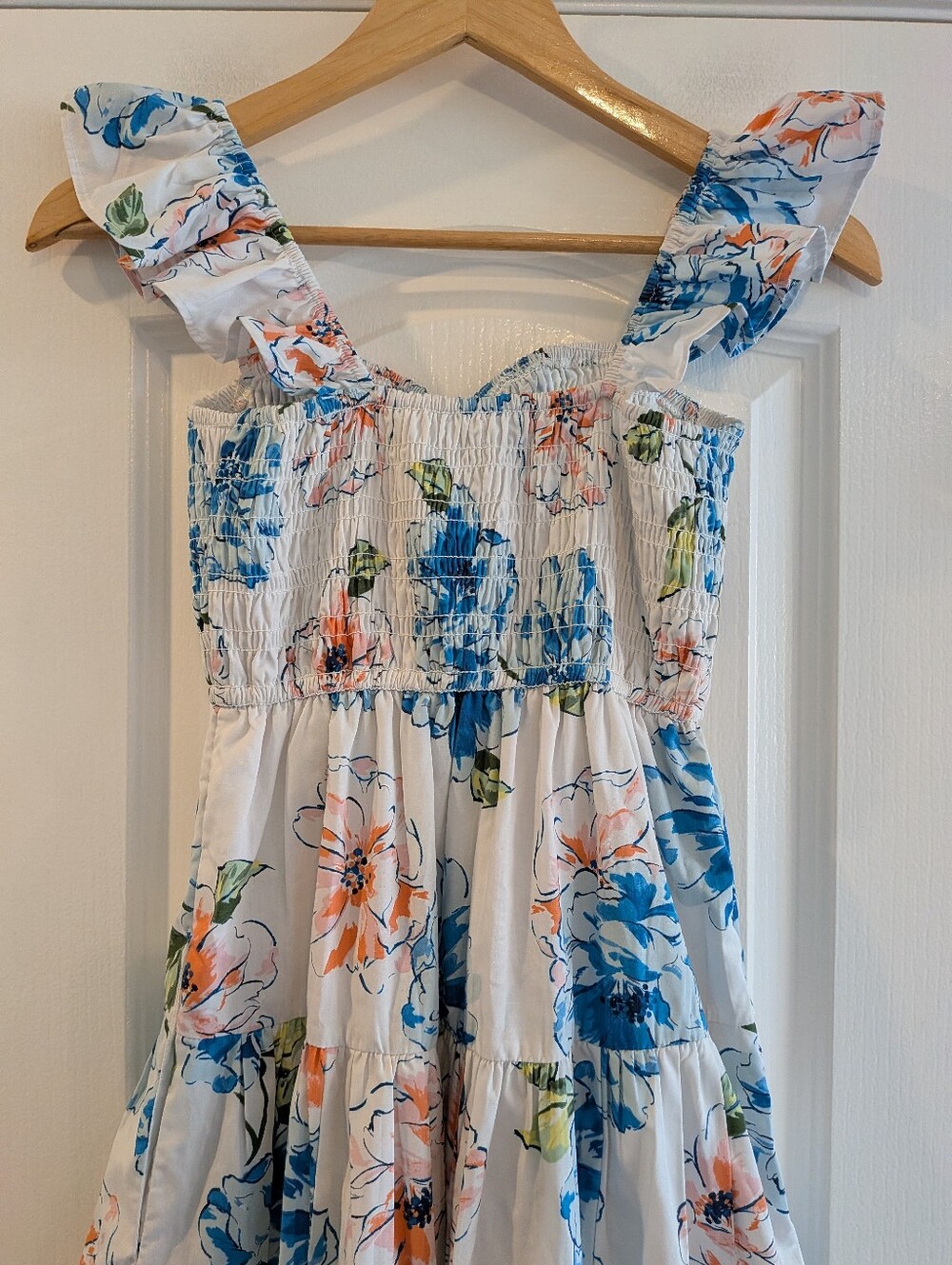 Abercrombie & Fitch Ruffle Strap Smocked Midi Dress Floral Poplin White Size XS - Picture 9 of 15